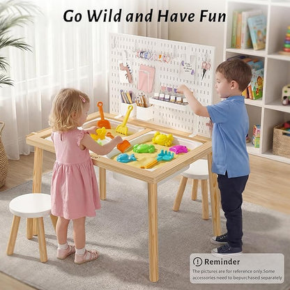 Easyego Sensory Table for Toddlers Kids Play Wooden Sand Water Table with Can DIY Creation Pegboard & Foldable Storage Bins for Indoor and Outdoor Use, Birthday Gifts for Boys and Girls - Wood Color