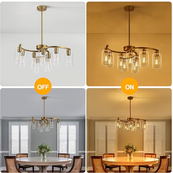 CNRATYE 9-Light Gold Glass Chandelier, Adjustable Height Dining Room Light Fixtures Over Table, Contemporary Hanging Chandelier for Kitchen Island Living Room Foyer Office, Clear Glass Shade