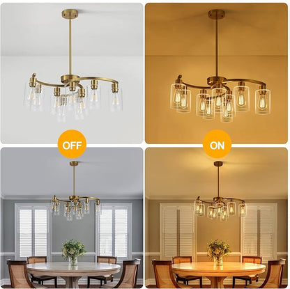 CNRATYE 9-Light Gold Glass Chandelier, Adjustable Height Dining Room Light Fixtures Over Table, Contemporary Hanging Chandelier for Kitchen Island Living Room Foyer Office, Clear Glass Shade