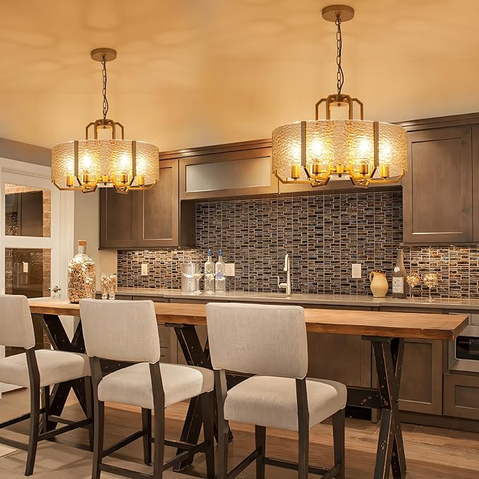COCOSTAR Modern Glass Drum Chandeliers for Dining Room,6 Lights Farmhouse Crystal Chandelier,24" Vintage Foyer Lighting Fixtures,Gold Pendant Lights for Kitchen Island,Bedroom,Living Room