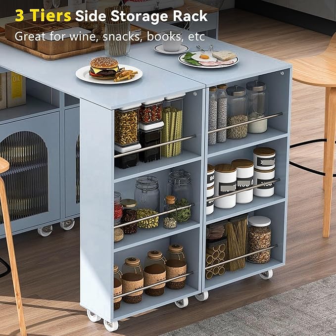 Rolling Kitchen Island with Extended Table and Power Outlets 2 Fluted Glass Doors Storage Compartment 3 Side Open Shelves Practical(Gray)