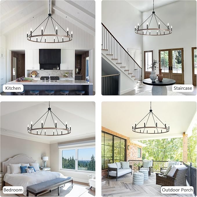 ANKYLHUA Wagon Wheel Chandelier-12 Light,38 Inch Chandeliers for Dining Room Light Fixture,Black and Metal Faux Wood Farmhouse Kitchen Light Fixtures for Living Room/Bedroom/Entryway