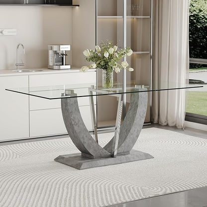 71" Glass Dining Table, Modern Kitchen Table for 6-8, Large Rectangle Dinner Table with Tempered Glass Top and Wooden Base for Dining Room, Kitchen