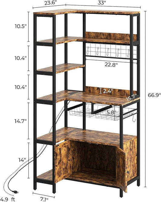 IRONCK Corner Bakers Rack with Power Outlet, Coffee Bar 6 Tier with Storage Cabinet, Vintage Industrial Microwave Stand with 6 Hooks, Kitchen Shelves with Wire Basket, Rustic Brown
