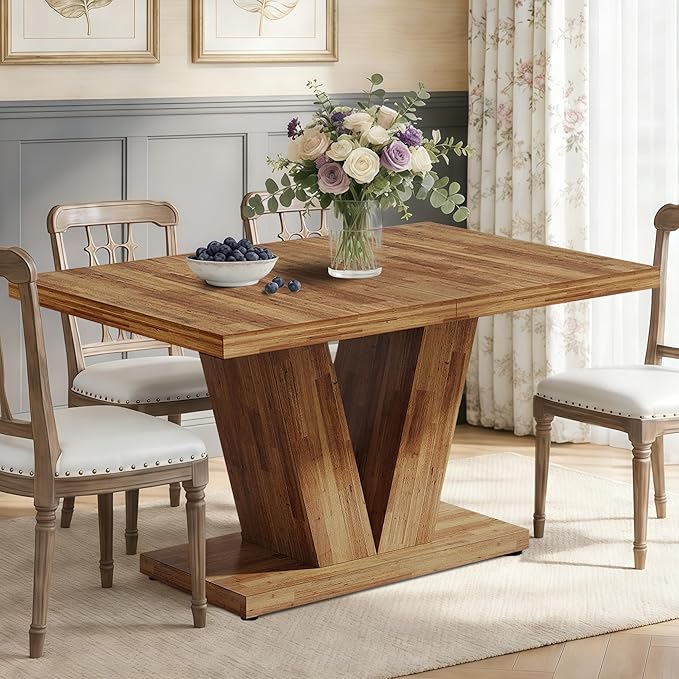 Oigavfd 47 Inch Dining Table, Rectangular Kitchen Table for 4 with Heavy Duty Pedestal Base, Modern Farmhouse Wood Dining Table for Dining Room, Kitchen, and Small Space (Walnut Brown)