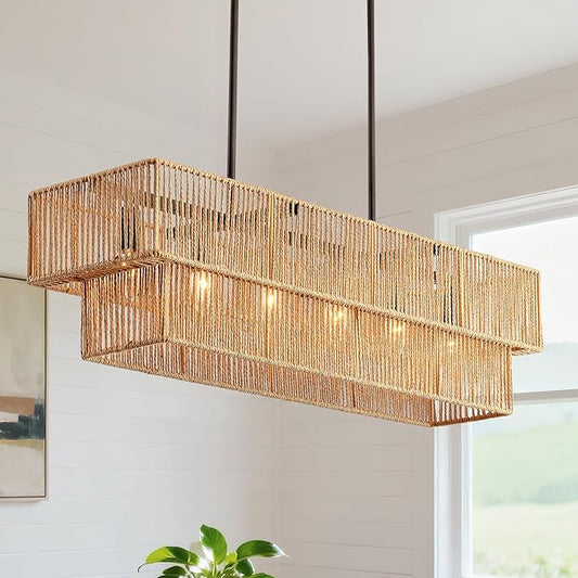 Boho Rattan Chandelier, 6-Light Rectangular Chandelier 2 Layer Large Dining Room Light Fixture Farmhouse 34" Linear Chandelier for Kitchen Island, Bar
