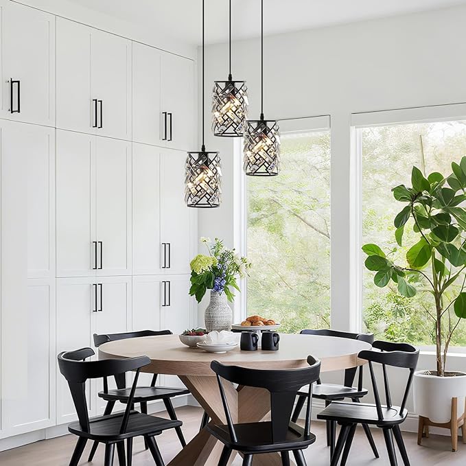 Pendant Lights Kitchen Island, Black Crystal Chandelier Pendant Lighting 3 Light, Adjustable Modern Kitchen Island Lights Ceiling Hanging Cluster Pendant Light Fixture for Dining Room Entryway Foyer