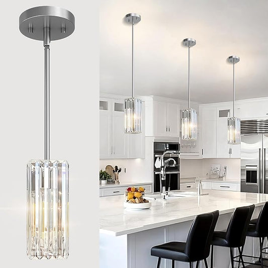 Nickle Sand Pendant Lights Kitchen Island,Modern 10"K9 Crystal Pendant Lighting Fixture,Adjustable Rods Small Hanging Light with Flat or Sloped Ceiling Mount,for Island Dining Room Kitchen Sink 1Pack