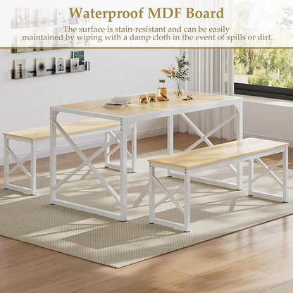 VECELO Kitchen Dining Table Benches Set for 4/6, 55" Wooden Dinette with 2 Benches, Large Embedded Desktop for Small Space, Breakfast Nook, Natural Oak