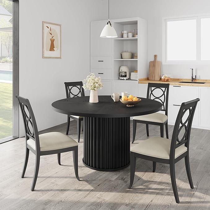 GarveeHome 47Inch Round Dining Table for 4-6 People, Black Dining Room Table with Sturdy Waveform Metal Pedestal Base, Industrial Circle Kitchen Table for Dining Room, Kitchen