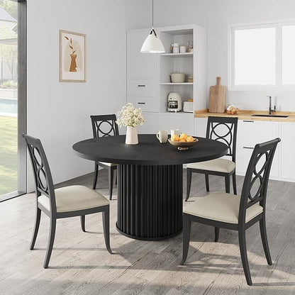 GarveeHome 47Inch Round Dining Table for 4-6 People, Black Dining Room Table with Sturdy Waveform Metal Pedestal Base, Industrial Circle Kitchen Table for Dining Room, Kitchen