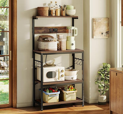 SUPERJARE Kitchen Bakers Rack with Power Outlet, Coffee Bar Table 4 Tiers, Kitchen Microwave Stand with 6 S-Shaped Hooks, Storage Shelf Rack for Spices, Pots and Pans - Rustic Brown