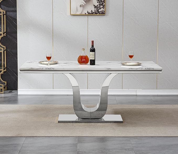 Henf 68" Modern Dining Table for 6, White Marble Kitchen Dining Room Table for 8, Large Rectangular Faux Marble Top and Silver U-Shape Steel Base, Rectangle Pedestal Table for Kitchen, Dining Room
