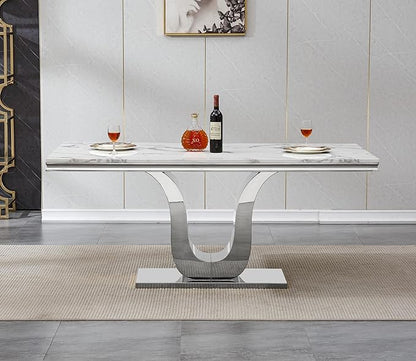 Henf 68" Modern Dining Table for 6, White Marble Kitchen Dining Room Table for 8, Large Rectangular Faux Marble Top and Silver U-Shape Steel Base, Rectangle Pedestal Table for Kitchen, Dining Room