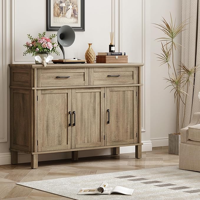 48 Inches Buffet Cabinet with Storage, Farmhouse Sideboard Buffet w/2 Drawers and 3 Doors, Wood Coffee Bar Cabinet with Adjustable Shelves, Sideboard Storage for Kitchen, Living Room, Washed Grey