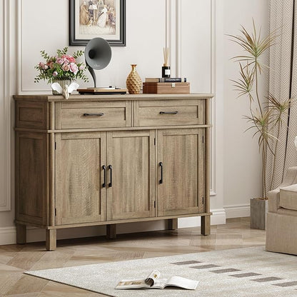 48 Inches Buffet Cabinet with Storage, Farmhouse Sideboard Buffet w/2 Drawers and 3 Doors, Wood Coffee Bar Cabinet with Adjustable Shelves, Sideboard Storage for Kitchen, Living Room, Washed Grey