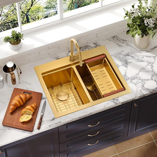 MILOSEN 28 Inch Gold Double Bowl Kitchen Sink, Gold Drop in 16 Gauge T304 Stainless Steel Sinks, Workstation Sink 50/50 Topmount Double Basin with Accessories, 10'' Deep Laundry Outdoor Sinks