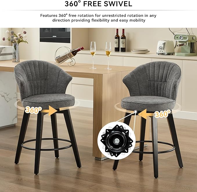 Modern Set of 2 Counter Height Swivel Bar Stools, Chenille Upholstered Chairs with Wide Backrest for Bar, Kitchen Island, Dining Room - Comfortable Seating Experience, Excellent Quality, Stylish Desig