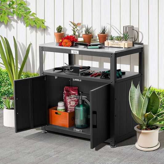 Feasto Garden Potting Bench with Storage, Outdoor Potting Table & Garden Work Bench for Plants, Horticulture, Outdoor Potting Station with Stainless Steel Tabletop, Outdoor Work Table