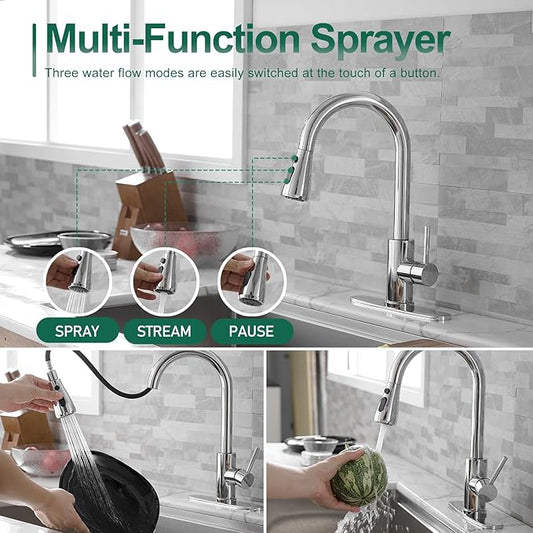 VOTON Kitchen Faucet with Pull Down Sprayer, Chrome Kitchen Faucets Modern Single Handle High Arc Pull Out Kitchen Sink Faucet 1 or 3 Hole, Faucet for Farmhouse Camper Rv Kitchen Bar Laundry
