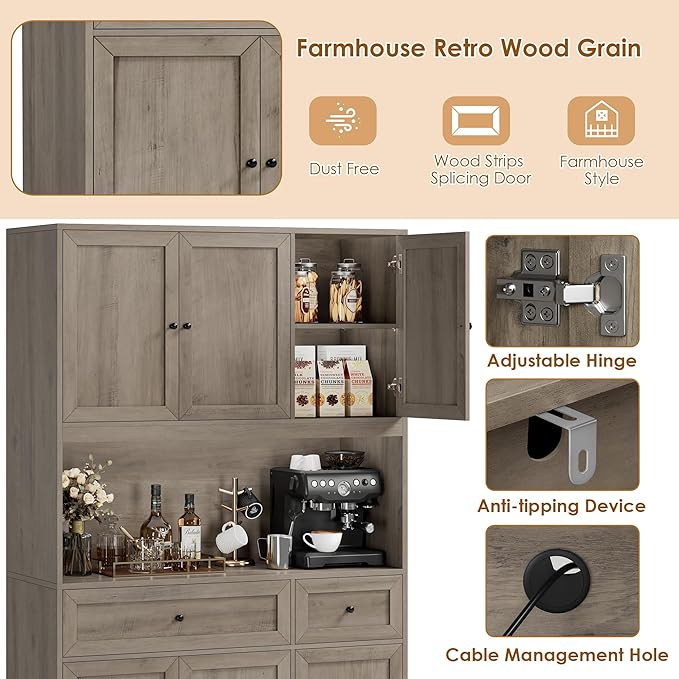 BOTLOG 72" Kitchen Pantry Cabinet, Kitchen Hutch with Microwave Stand, Buffet Cabinet with Hutch for Dining Room, Ash Gray