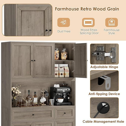 BOTLOG 72" Kitchen Pantry Cabinet, Kitchen Hutch with Microwave Stand, Buffet Cabinet with Hutch for Dining Room, Ash Gray