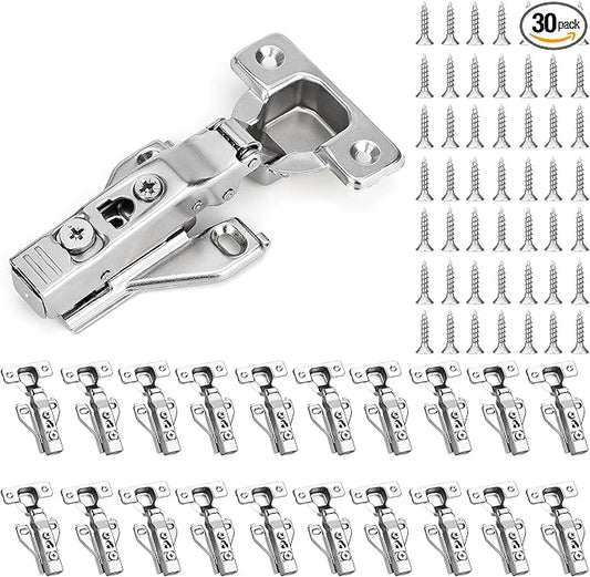 30 Pack 1/2'' Overlay Face Frame Soft Close Hidden Cabinet Hinges, 105 Degree 3D Adjustable Clip On Plate Concealed Kitchen Cupboard Door Hinges with Screws