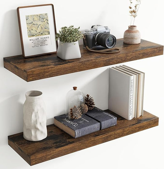 30 Inch Floating Shelves for Wall, 8 Inch Deep Floating Shelf for Storage & Display, Wall Mounted Shelf with Invisible Brackets for Living Room, Kitchen, Bathroom, Home Decor, Set of 2, Rustic Brown