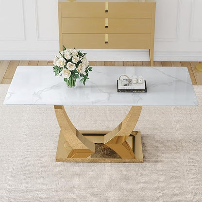 Faux Marble Dining Room Table, Modern Kitchen Table with Golden U-Shaped Base, 71" White Dining Table with Rectangular Glass Top for Dining Room and Kitchen