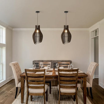 Wood Pendant Light Fixture, Hand-Woven Chandeliers Ceiling Lighting, Farmhouse Basket Cylinder Lampshade Hanging Lamp for Dining Room, Kitchen Island, Entryway (Retro)