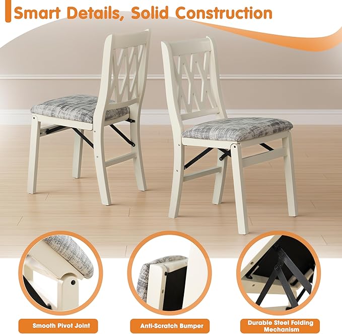 East West Furniture - PNC-LWH-30– Plano Folding Kitchen Chairs with PU Leather Seat, Ready to Use, 3-X Back Design, Set of 2, Linen White Wood Finish