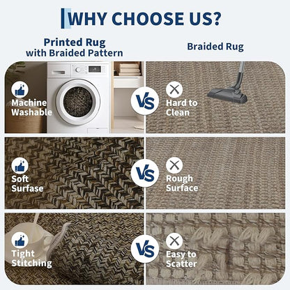 Imitation Braided Collection-Print Large Washable Rug 9x12 Non-Slip Rugs for Living Room, Natural Bordered Carpet, Stain Resistant Thin Foldable Floor Cover Bedroom for Nursery Dining Room