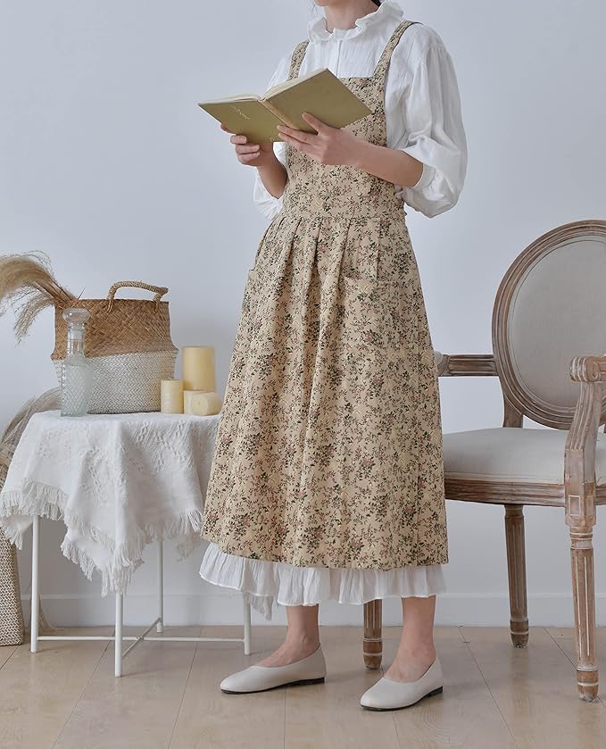 Japanese Cotton Linen Cross Back Apron with Pockets,Fashion Pinafore Dress for Gardening Painting Cleaning Cooking