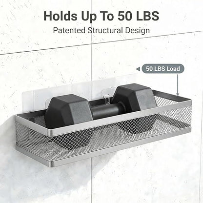 PUSDON 16.5-Inch Extra Long Slim Mesh Shower Caddy, Wall Mounted Bathroom Organizer with Adhesive, Heavy Duty Rustproof Shelf for Narrow Kitchen Pantry & RV, Holds 50 LBS Silver Gray -2 Packs Netting