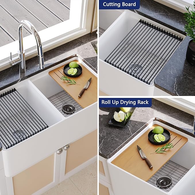 DeerValley Farmhouse Sink Workstation, 33 inch White Fireclay Apron Front Farm Sinks, Double Bowl Deep Drop-in Undermount Sink with Workstation Accessories