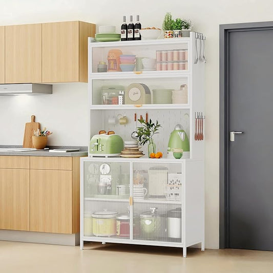 73‘’ Tall Kitchen Metal Pantry Cabinet, Pantry Storage Cabinet with Microwave Shelf and Door, Hutch for Kitchen, Dining Room, Living Room
