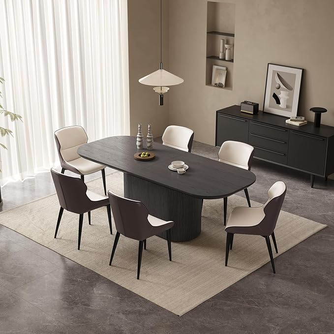 86.61" Oval Dining Table Set for 6, 7 Piece Modern Dining Room Table Set with 6 Dining Chairs for Kitchen, Living Room, Bar, Kitchen Table with Stable Oval Pedestal, Black