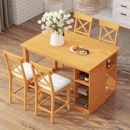 VilroCaz Farmhouse 5-Piece Counter Height Dining Table Set, 2-Tone Rectangular Dining Table with 3-Tier Storage Shelves and Upholstered Dining Chairs, Solid Wood Kitchen Dining Room Set for 4