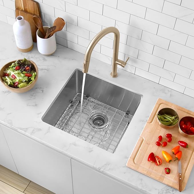 Stylish 19 x 18 Inch Undermount Kitchen Sink 16G Stainless Steel 10mm Radius Corners Single Bowl Kitchen Sinks with Bottom Grid and Luxury Basket Strainer, S-308XG