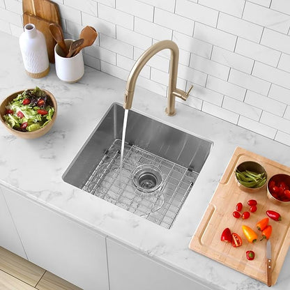 Stylish 19 x 18 Inch Undermount Kitchen Sink 16G Stainless Steel 10mm Radius Corners Single Bowl Kitchen Sinks with Bottom Grid and Luxury Basket Strainer, S-308XG