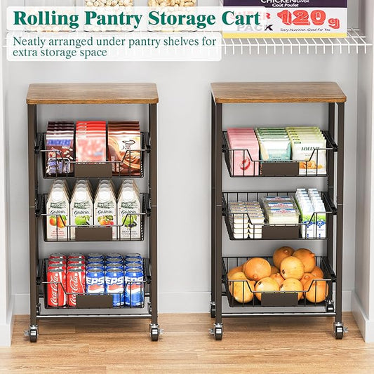 XYZLVSI Kitchen Storage Cart with Wheels, 4-Tier Metal Utility Rolling Cart Fruit Vegetable Storage Basket Pantry Rack with Wood Top & Pull Out Baskets for Kitchen, Livingroom, Diningroom, Office