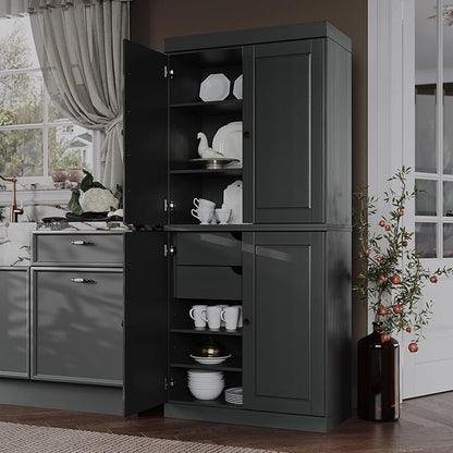 Palace Imports Solid Wood Kitchen Pantry - 71.5" H x 32" W Tall Storage Cabinet - with Adjustable Shelves & 2-Drawer Kit, Cupboard, Gray, 100% Renewable Eco-Friendly Wood, Made in Brazil
