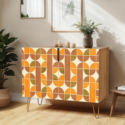 SIGNWIN Sideboard Buffet Cabinet, Kitchen Storage Cabinet with 2 Doors, Orange & Brown Retro Polygon Pattern, Cupboard Console Table for Dining Room - 35" L x 18" W x 29" H