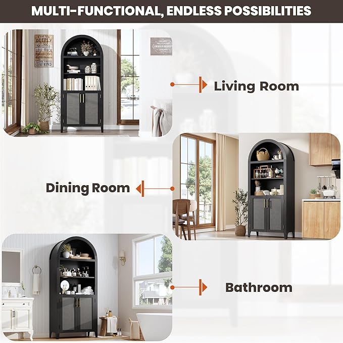 IDEALHOUSE Arched Kitchen Pantry Cabinet with Doors - 5-Tier Open Display Shelf with Rattan Decor, Farmhouse Storage Cabinet for Kitchen, Dining Room, Living Room, Black