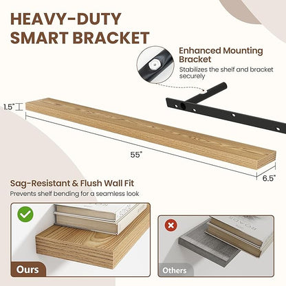 Acovy 55 Inch Floating Shelves for Wall 2 Pack, 55" Wall Shelves for Books, Storage, Decor, Wall Mounted Floating Shelf with Invisible Brackets for Kitchen, Living Room, Light Brown