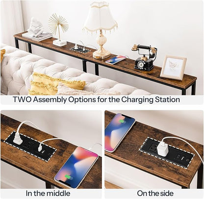 HOOBRO 63" Narrow Console Table with Charging Station, 5.9" Slim Sofa Table Behind Couch, 2 AC Outlets & USB-C Ports, Long Entryway Tables for Small Spaces, Livingroom, Rustic Brown BF165UXG01G1