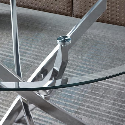 Modern Glass Dining Table Round Dining Room Table with Tempered Glass Top, Silver Stainless Steel Base Home Office Kitchen Dining Room Table Furniture, 36" D x 36" W x 30" H