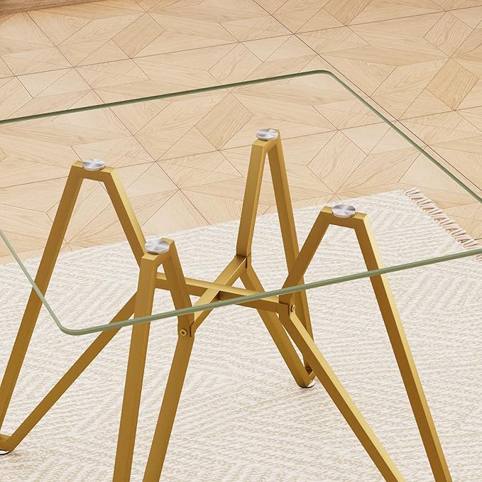 SSLine 35.4" Square Glass Dining Table for 2-4 Modern Clear Glass Tabletop Kitchen Table for 4 Luxury Dinner Tables with Gold Nest Metal Base for Home Kitchen Dining Room(Table Only)