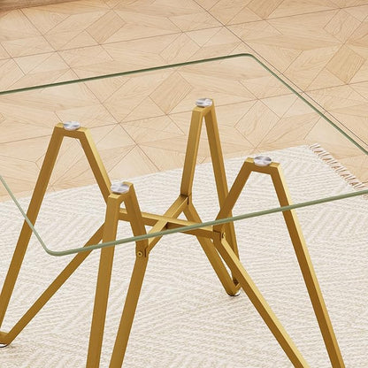 SSLine 35.4" Square Glass Dining Table for 2-4 Modern Clear Glass Tabletop Kitchen Table for 4 Luxury Dinner Tables with Gold Nest Metal Base for Home Kitchen Dining Room(Table Only)