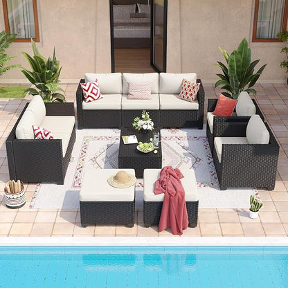 Aoxun 10 Piece Outdoor Patio Furniture Set 9 Seats, Outdoor Sectional with Thick Waterproof Cushions, Patio Conversation Sets for Garden,Backyard, Porch, Balcony, Deck, Black & Beige